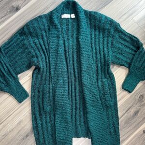 Vintage Penbrooke Lane Teal Black Marled Knit Cardigan Shoulder Pads Medium